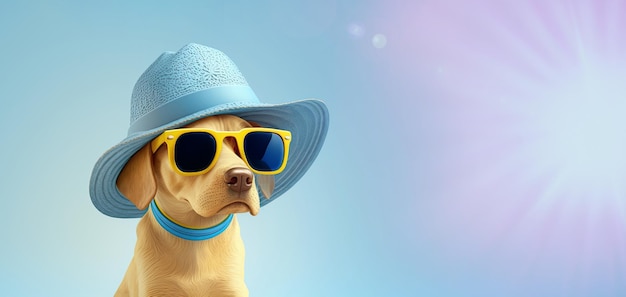 Imagen de un perro divertido con gafas de sol sobre fondo azul. Mascota cachorro animal concepto IA generativa.