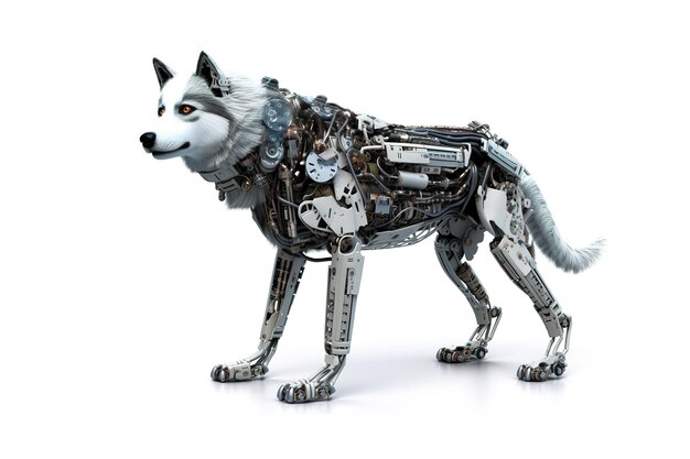 Imagen de un perro husky siberiano modificado en un robot electrónico sobre un fondo blanco Ilustración de animales de compañía IA generativa