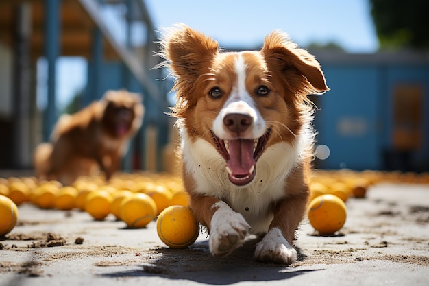 Imagen de un perro de terapia jugando con una pelota de juguete