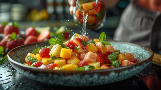 Foto imagen de una persona exprimiendo jugo de limón sobre una ensalada de frutas