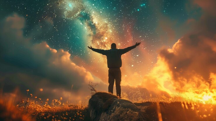 Imagen de una persona en la naturaleza mirando hacia el cielo con los brazos levantados Religión Espiritualidad
