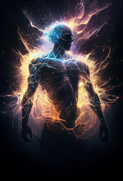 La imagen de una persona con sus canales de energía líneas lisas multicolores alrededor de la silueta humana