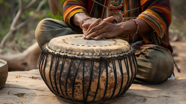 Una imagen de una persona tocando un tambor tradicional africano El tambor está hecho de madera y tiene una cabeza de piel de cabra