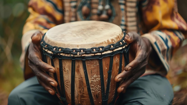 Una imagen de una persona tocando un tambor tradicional africano El tambor está hecho de madera y tiene una cabeza de piel de cabra