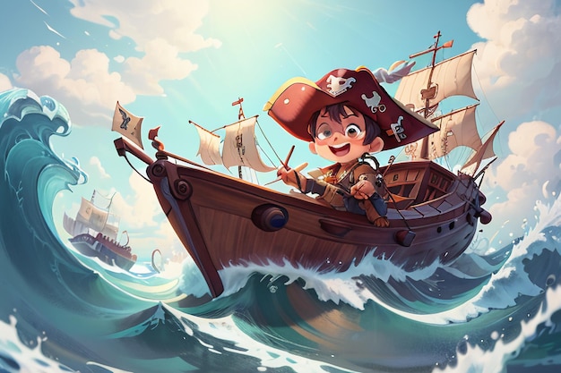 Imagen de personaje de anime de dibujos animados niño pirata navegando en olas enormes ilustración de fondo de papel tapiz