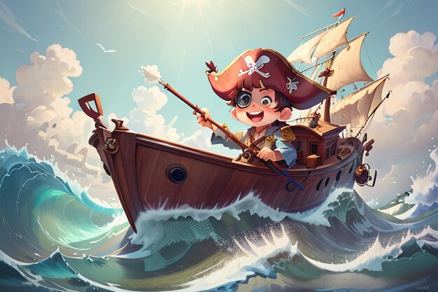 Imagen de personaje de anime de dibujos animados niño pirata navegando en olas enormes ilustración de fondo de papel tapiz