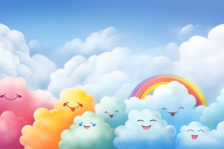 Imagen de personajes de dibujos animados nubes en colores del arco iris acuarela imagen generada por IA