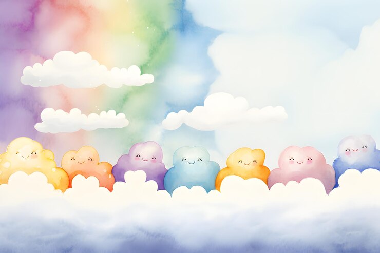 Imagen de personajes de dibujos animados nubes en colores del arco iris acuarela imagen generada por IA