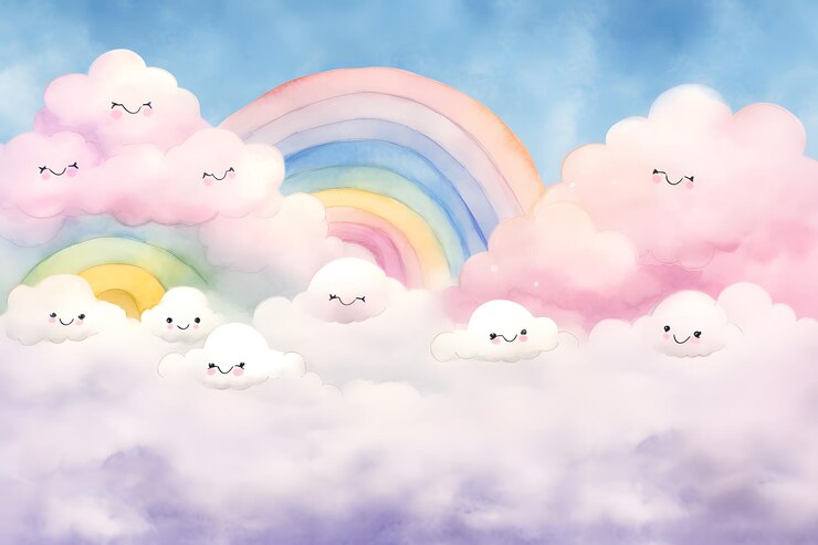 Imagen de personajes de dibujos animados nubes en colores del arco iris acuarela imagen generada por IA
