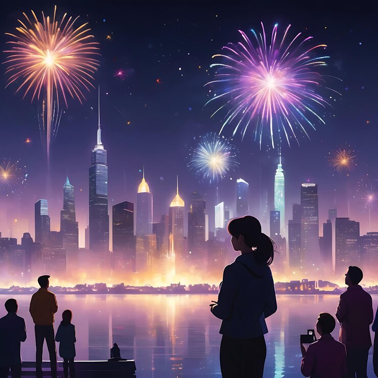 una imagen de personas mirando fuegos artificiales con el horizonte de la ciudad en el fondo