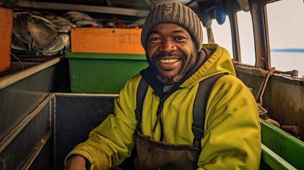 Foto una imagen de un pescador alegre sosteniendo una caja de pescado dentro de un barco de pesca generar ia