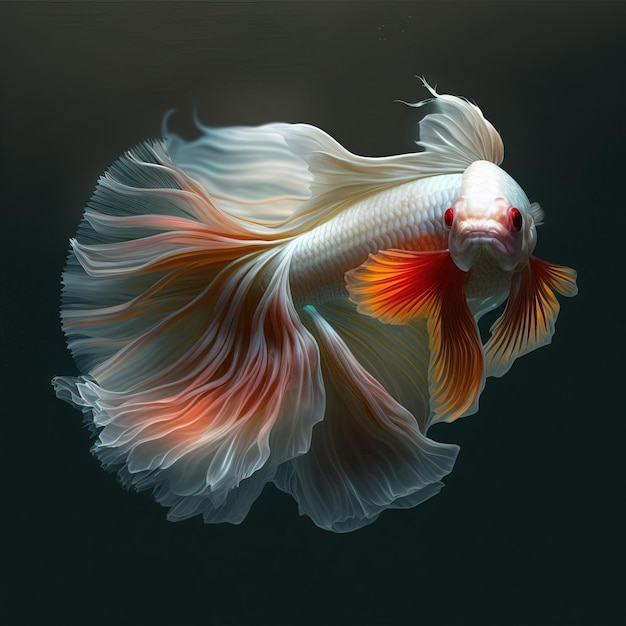 Imagen de un pez betta blanco con colas largas y hermosas sobre un fondo negro Ilustración de una mascota IA generativa