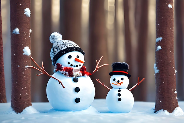 Imagen pictórica del feliz muñeco de nieve con un gorro y una bufanda en el paisaje forestal invernal