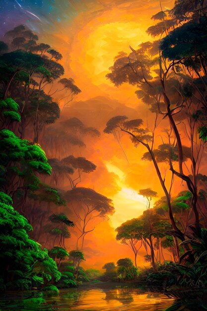 Foto una imagen pictórica de un paisaje de la densa selva amazónica brasileña en diferentes climas