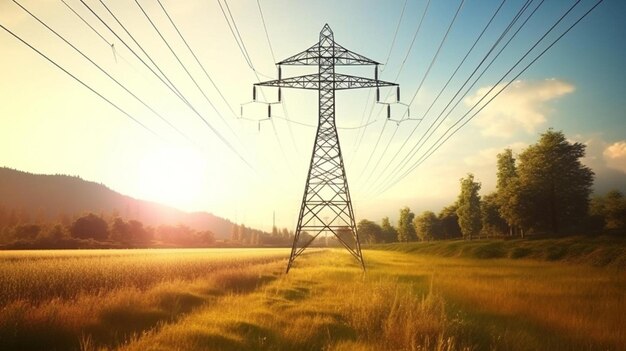 una imagen de un pilar de electricidad con el sol poniéndose detrás de él