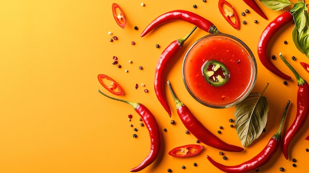 una imagen de un pimienta y algunos chile en un fondo amarillo
