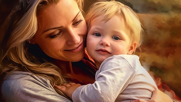 Imagen pintada de una joven madre con su hijo en brazos paternidad día de la madre AI generado