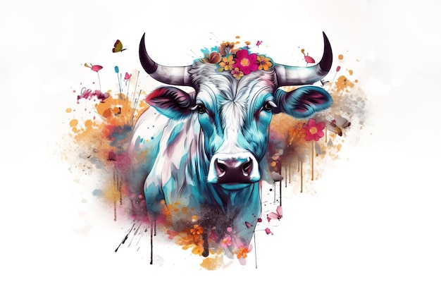 Imagen de una pintura de una cabeza de vaca con coloridas flores tropicales Ilustración de animales de granja IA generativa