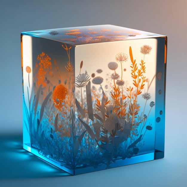Imagen de pisapapeles de resina de cubo de cristal de flores tropicales Imagen generada por AI