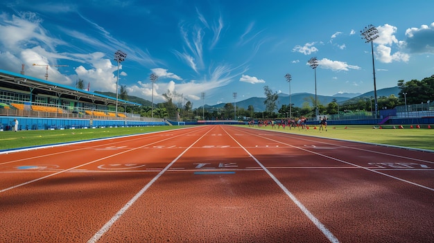 Una imagen de una pista de atletismo con un cielo azul y nubes blancas en el fondo La pista está hecha de goma roja y tiene ocho carriles