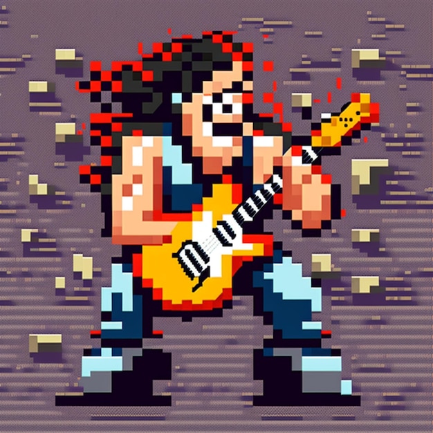 Una imagen de pixel art de un hombre tocando una guitarra.