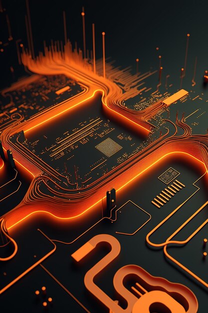 Imagen de placa de circuito de computadora 3d y senderos de luz naranja sobre fondo oscuro