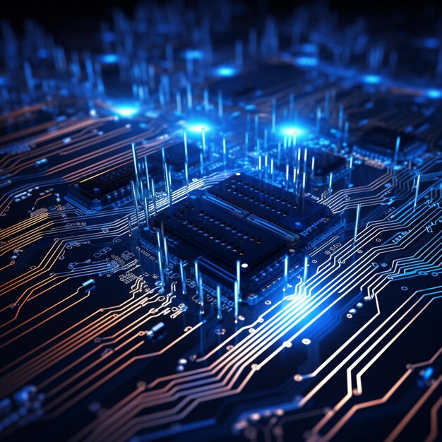 Imagen de una placa de circuitos de computadora y rastros de luz azul sobre un fondo oscuro