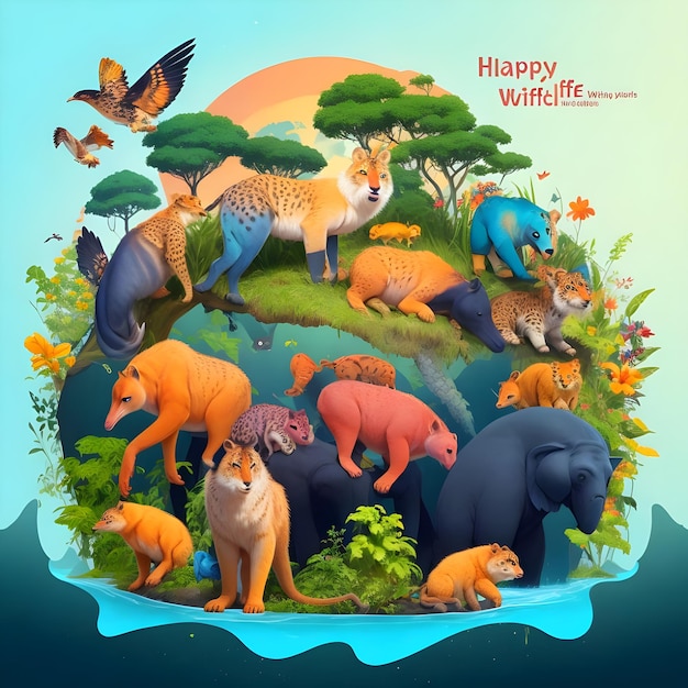 Foto imagen plana de ilustración del día mundial de la vida silvestre imagen de alta resolución imagen de colores ai generar imagen