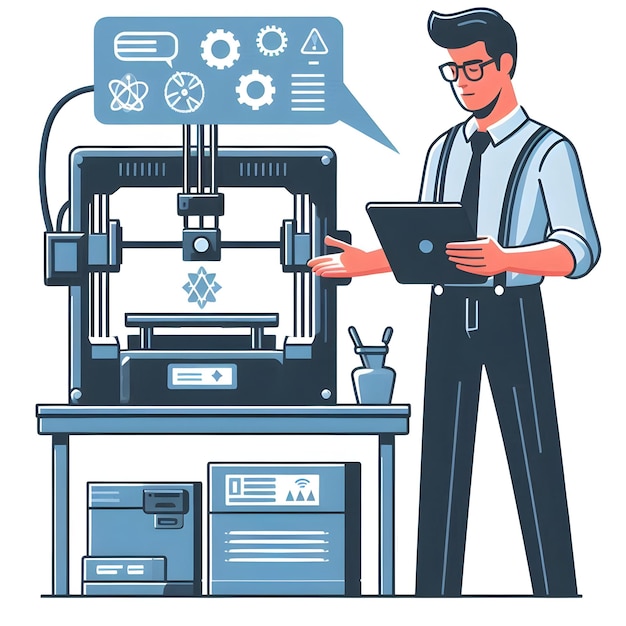 Imagen plana de un técnico realizando el concepto de calibración de impresión 3D como una imagen sincera de un t