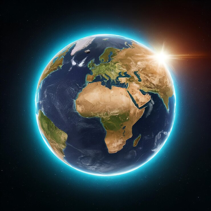 Foto una imagen de un planeta con un fondo azul y el sol brillando sobre él