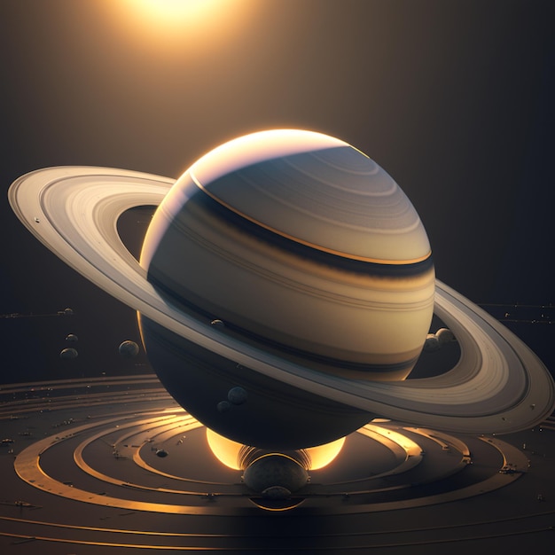 Una imagen del planeta Saturno con un sol de fondo.