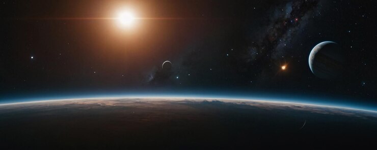 una imagen de un planeta con el sol en el fondo