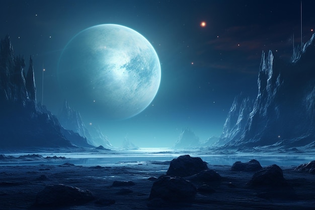 Imagen de planetas espaciales tomada desde la superficie de una luna con grandes planetas en el fondo generativo