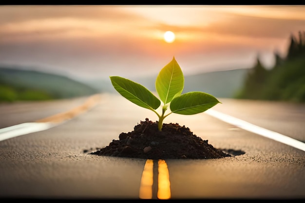 Una imagen de una planta con la puesta de sol detrás de ella.