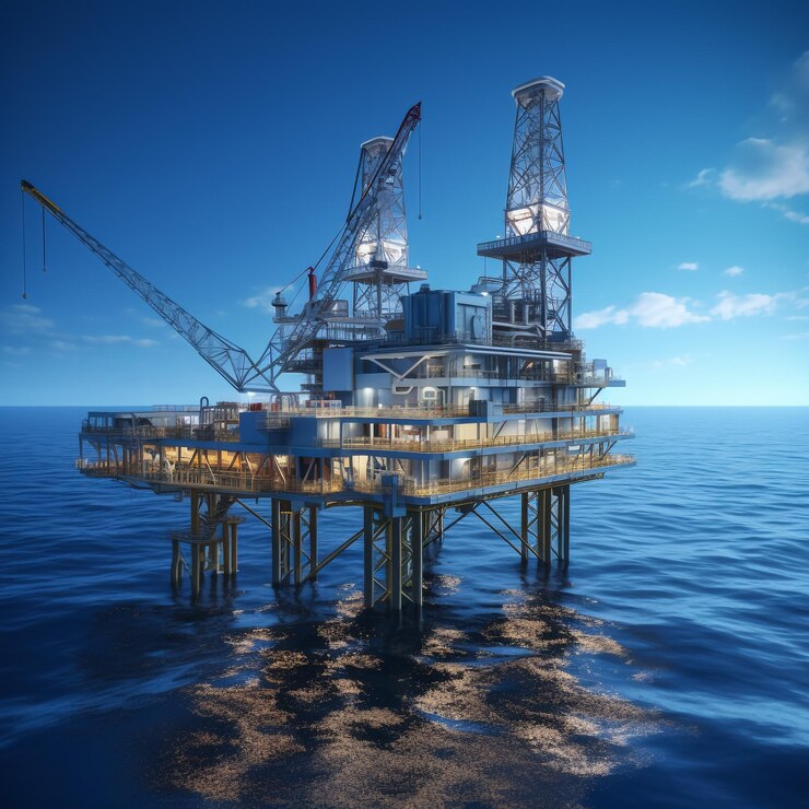 Imagen de la plataforma petrolera durante la puesta de sol
