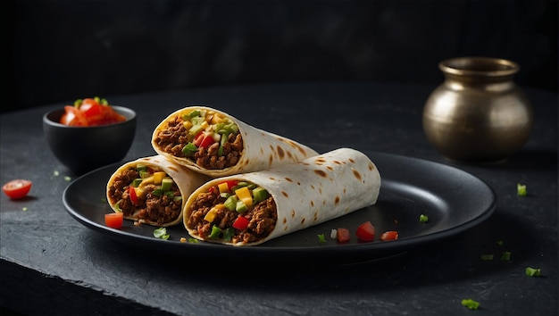 Imagen de un plato de burritos colocado en un plato blanco en una mesa de madera 19