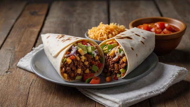 Imagen de un plato de burritos colocado en un plato blanco en una mesa de madera 43