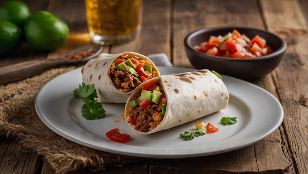 Imagen de un plato de burritos colocado en un plato blanco sobre una mesa de madera 65