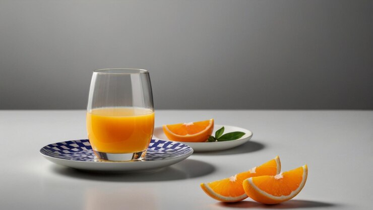 imagen de un plato colorido con un patrón simple y un vaso transparente lleno de jugo de naranja