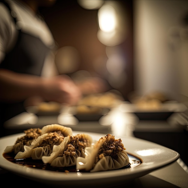 Imagen de un plato de gyozas recién hechas con una experta cocinera japonesa