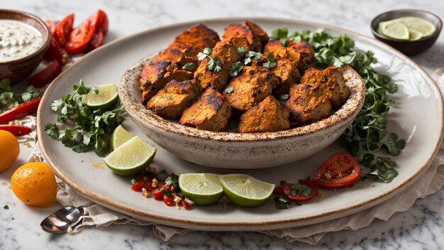 imagen de un plato lleno de saboroso pollo indio tandoori establecido contra un blanco limpio y crujiente