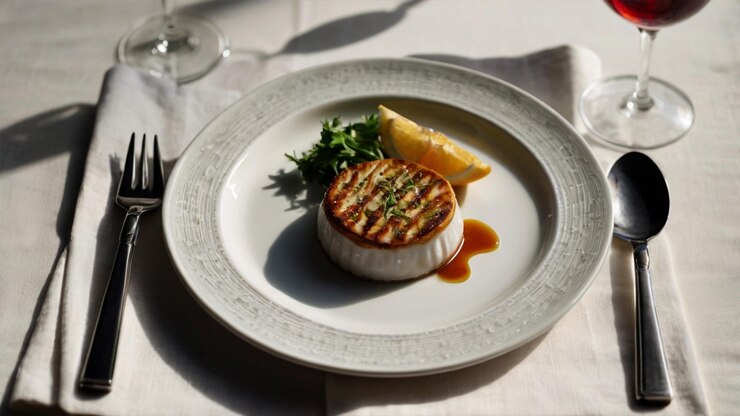 imagen con un plato de porcelana con un tenedor y un cuchillo en sus lados y un vaso de vino a su lado