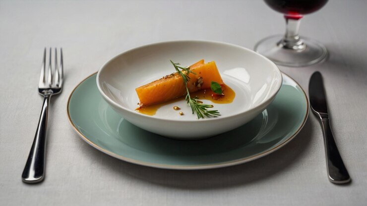 imagen con un plato de porcelana con un tenedor y un cuchillo en sus lados y un vaso de vino a su lado