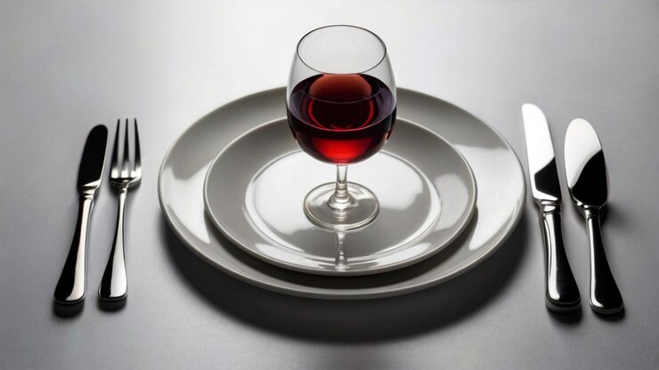 imagen con un plato de porcelana con un tenedor y un cuchillo en sus lados y un vaso de vino a su lado
