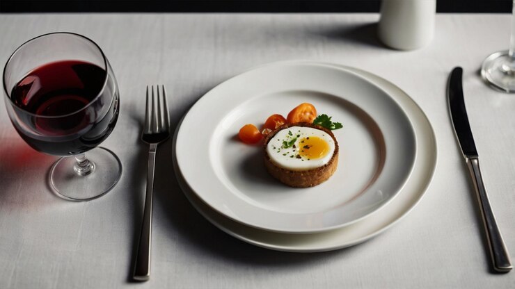 imagen con un plato de porcelana con un tenedor y un cuchillo en sus lados y un vaso de vino a su lado