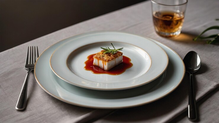 imagen con un plato de porcelana con un tenedor y un cuchillo en sus lados y un vaso de vino a su lado