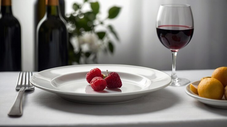 imagen con un plato de porcelana con un tenedor y un cuchillo en sus lados y un vaso de vino a su lado