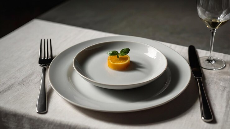 imagen con un plato de porcelana con un tenedor y un cuchillo en sus lados y un vaso de vino a su lado
