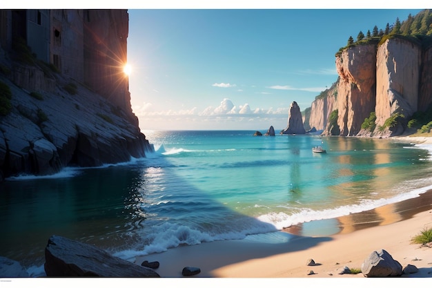 Una imagen de una playa con un cielo azul y el sol brillando a través de las nubes.