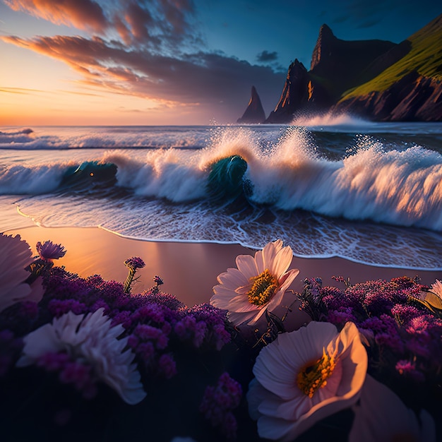 Una imagen de una playa con flores y flores púrpuras.